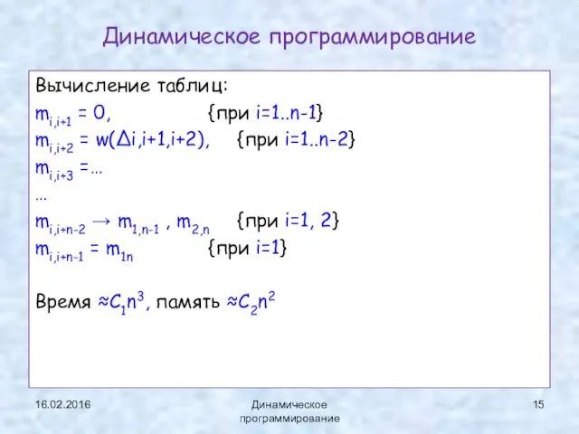 Динамическое программирование Вычисление таблиц: mi,i+1 = 0, {при i=1..n-1} mi,i+2 =