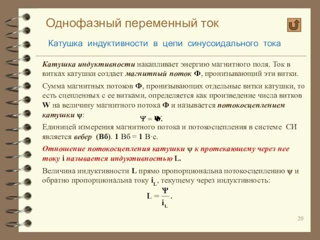 Однофазный переменный ток Катушка индуктивности в цепи синусоидального тока Катушка индуктивности