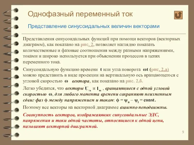 Однофазный переменный ток Представление синусоидальных величин векторами Представления синусоидальных функций при