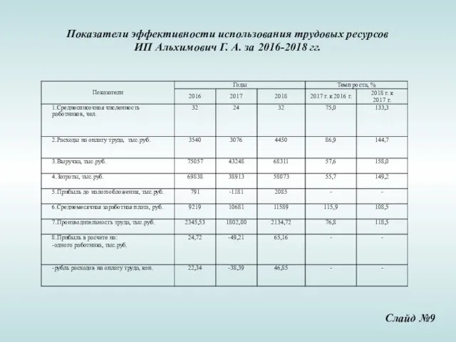 Показатели эффективности использования трудовых ресурсов ИП Альхимович Г. А. за 2016-2018 гг. Слайд №9