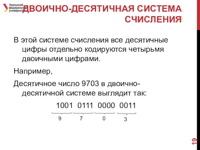 В этой системе счисления все десятичные цифры отдельно кодируются четырьмя двоичными