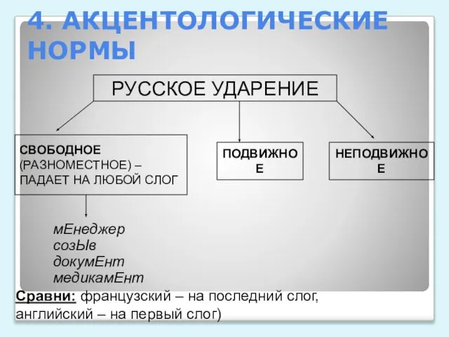 4. АКЦЕНТОЛОГИЧЕСКИЕ НОРМЫ РУССКОЕ УДАРЕНИЕ СВОБОДНОЕ (РАЗНОМЕСТНОЕ) – ПАДАЕТ НА ЛЮБОЙ