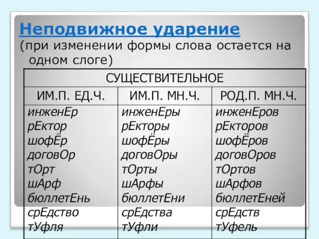 Неподвижное ударение (при изменении формы слова остается на одном слоге)