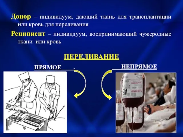 Донор – индивидуум, дающий ткань для трансплантации или кровь для переливания