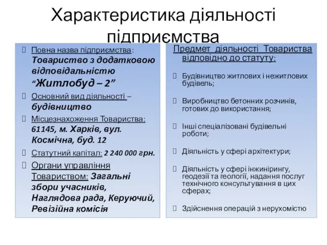 Характеристика діяльності підприємства Повна назва підприємства: Товариство з додатковою відповідальністю “Житлобуд