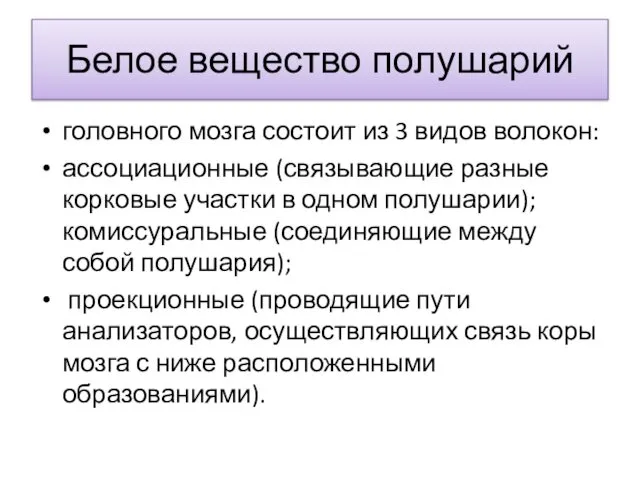 Белое вещество полушарий головного мозга состоит из 3 видов волокон: ассоциационные