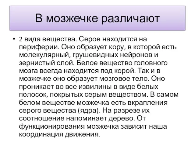 В мозжечке различают 2 вида вещества. Серое находится на периферии. Оно