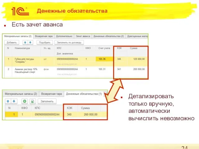 Денежные обязательства Есть зачет аванса Детализировать только вручную, автоматически вычислить невозможно