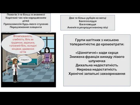 Скарги ? Втомлюваність, слабкість, біль за грудиною, задишка, головний біль, холодні