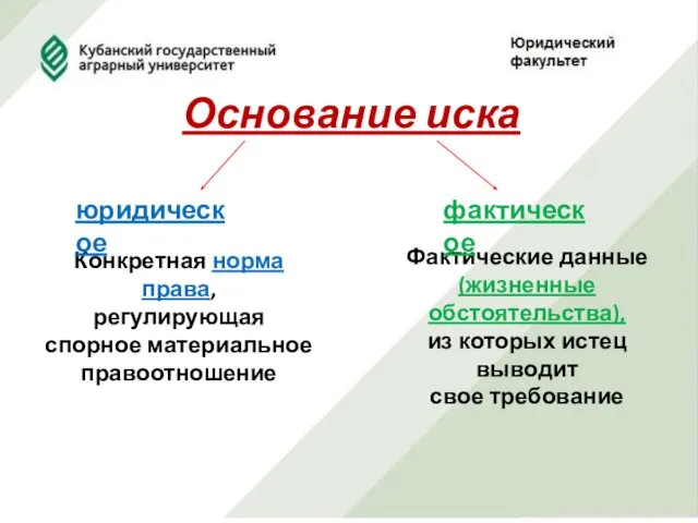 Основание иска Конкретная норма права, регулирующая спорное материальное правоотношение юридическое Фактические