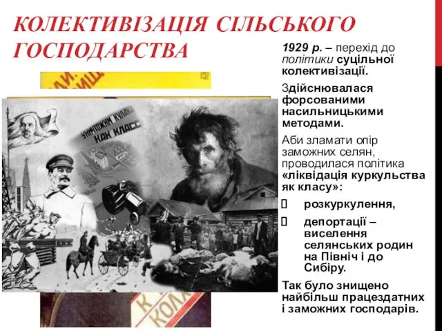 КОЛЕКТИВІЗАЦІЯ СІЛЬСЬКОГО ГОСПОДАРСТВА 1929 р. – перехід до політики суцільної колективізації.