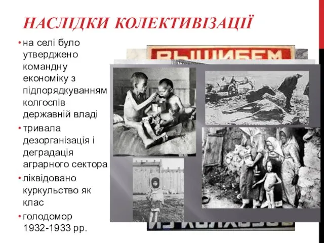 НАСЛІДКИ КОЛЕКТИВІЗАЦІЇ на селі було утверджено командну економіку з підпорядкуванням колгоспів