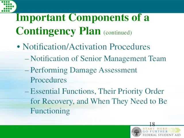 Important Components of a Contingency Plan (continued) Notification/Activation Procedures Notification of