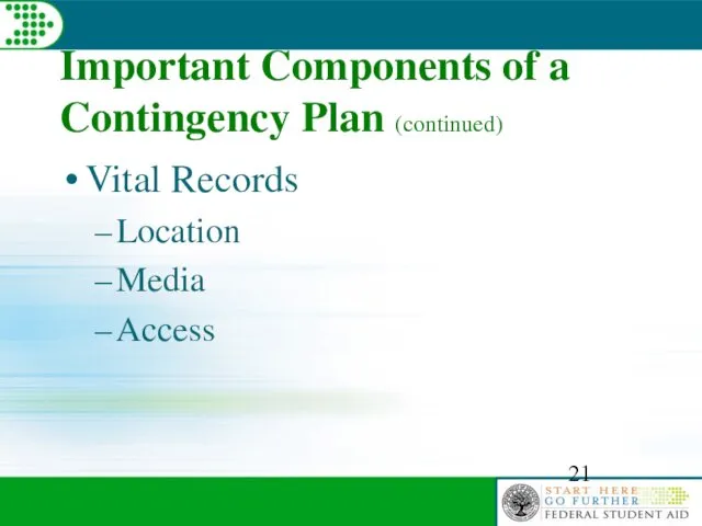 Important Components of a Contingency Plan (continued) Vital Records Location Media Access