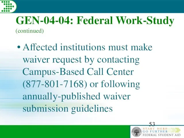 GEN-04-04: Federal Work-Study (continued) Affected institutions must make waiver request by