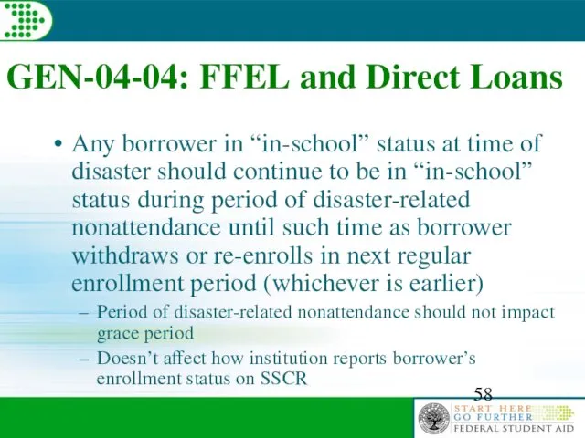 GEN-04-04: FFEL and Direct Loans Any borrower in “in-school” status at