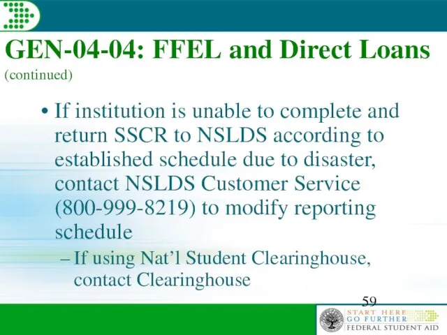 GEN-04-04: FFEL and Direct Loans (continued) If institution is unable to