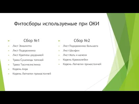 Фитосборы используемые при ОКИ Сбор №1 Лист Эвкалипта Лист Подорожника Лист