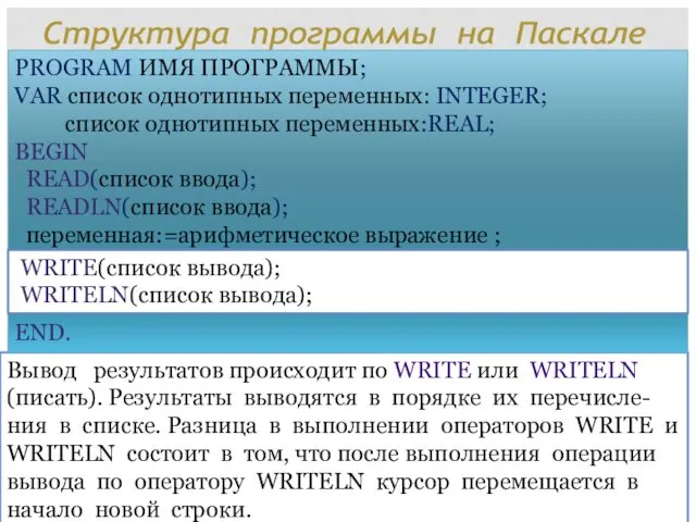 Вывод результатов происходит по WRITE или WRITELN (писать). Результаты выводятся в