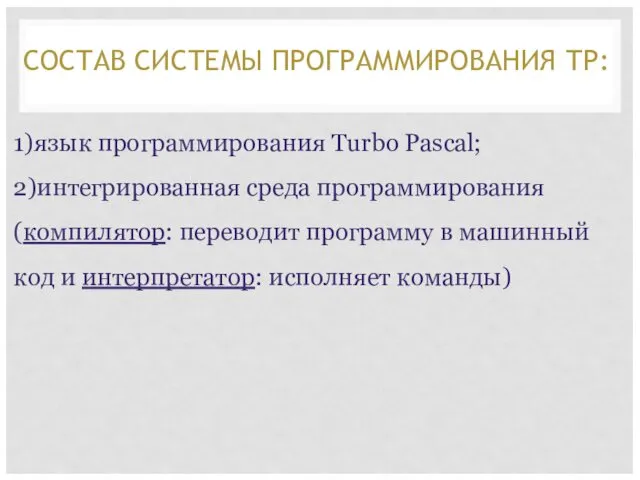 1)язык программирования Тurbo Pascal; 2)интегрированная среда программирования(компилятор: переводит программу в машинный