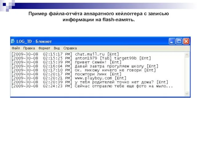 Пример файла-отчёта аппаратного кейлоггера с записью информации на flash-память.