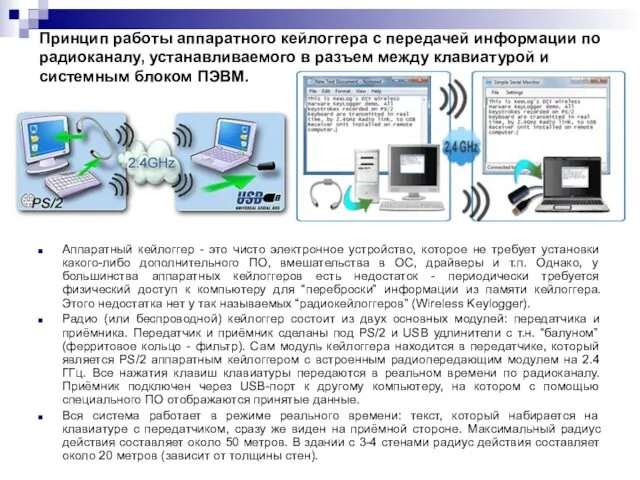 Принцип работы аппаратного кейлоггера с передачей информации по радиоканалу, устанавливаемого в