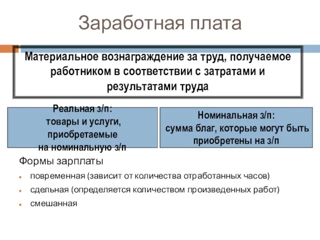 Заработная плата Формы зарплаты повременная (зависит от количества отработанных часов) сдельная