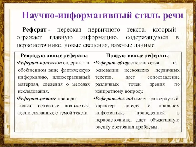 Научно-информативный стиль речи Реферат - пересказ первичного текста, который отражает главную