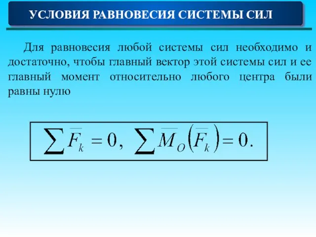 УСЛОВИЯ РАВНОВЕСИЯ СИСТЕМЫ СИЛ Для равновесия любой системы сил необходимо и