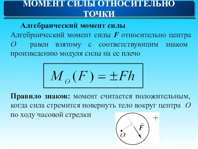 МОМЕНТ СИЛЫ ОТНОСИТЕЛЬНО ТОЧКИ Алгебраический момент силы Алгебраический момент силы F