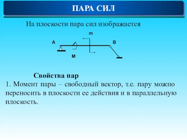 ПАРА СИЛ На плоскости пара сил изображается Свойства пар 1. Момент