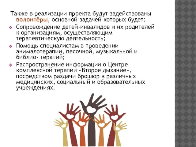 Также в реализации проекта будут задействованы волонтёры, основной задачей которых будет: