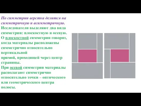 По симметрии верстка делится на симметричную и асимметричную. Исследователи выделяют два