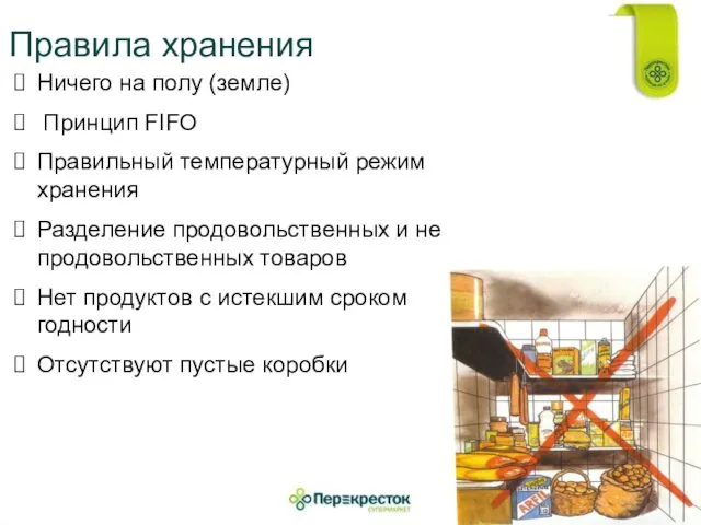 Правила хранения Ничего на полу (земле) Принцип FIFO Правильный температурный режим