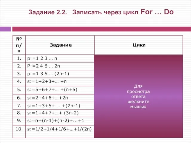 Задание 2.2. Записать через цикл For … Do Для просмотра ответа щелкните мышью