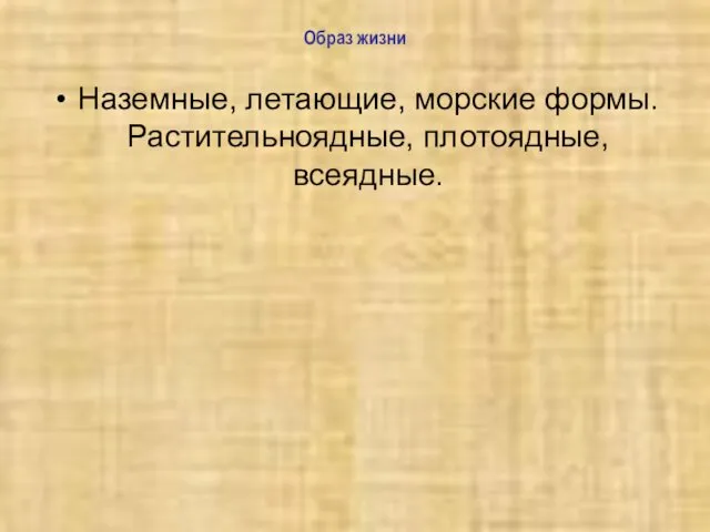 Образ жизни Наземные, летающие, морские формы. Растительноядные, плотоядные, всеядные.