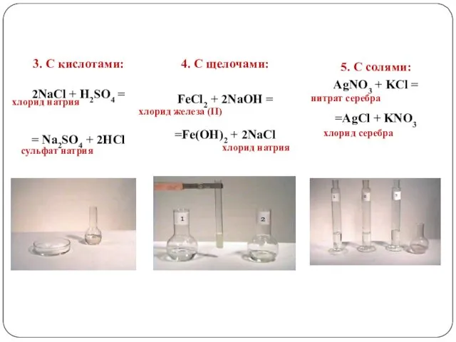 3. С кислотами: 2NaCl + H2SO4 = = Na2SO4 + 2HCl