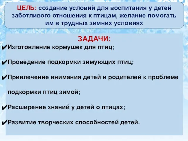 ЗАДАЧИ: Изготовление кормушек для птиц; Проведение подкормки зимующих птиц; Привлечение внимания