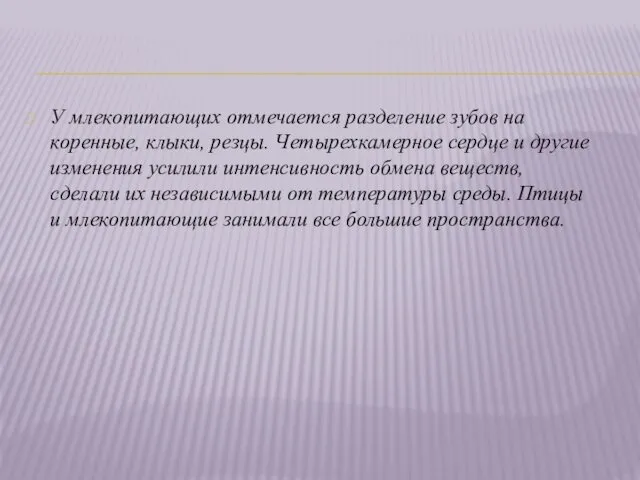 У млекопитающих отмечается разделение зубов на коренные, клыки, резцы. Четырехкамерное сердце