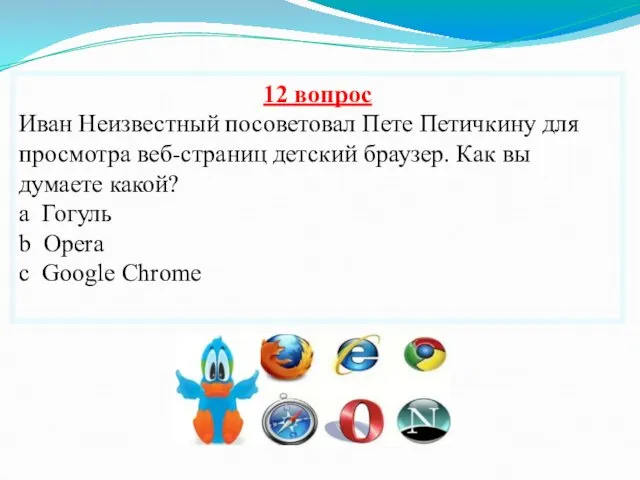 12 вопрос Иван Неизвестный посоветовал Пете Петичкину для просмотра веб-страниц детский