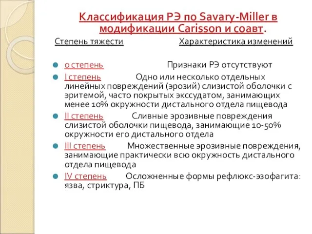 Классификация РЭ по Savary-Miller в модификации Carisson и соавт. Степень тяжести