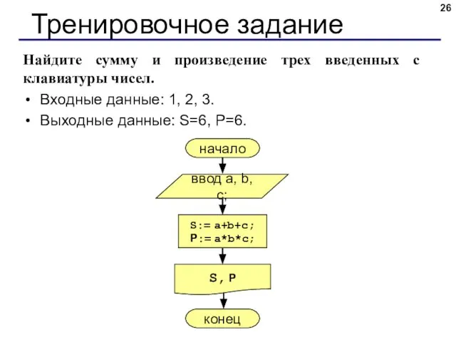 Найдите сумму и произведение трех введенных с клавиатуры чисел. Входные данные: