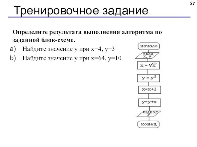 Определите результата выполнения алгоритма по заданной блок-схеме. Найдите значение у при