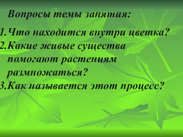 Вопросы темы занятия: Что находится внутри цветка? Какие живые существа помогают