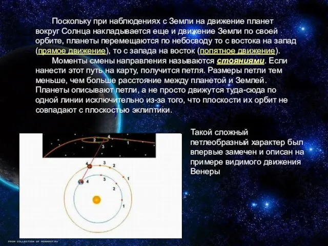 Поскольку при наблюдениях с Земли на движение планет вокруг Солнца накладывается