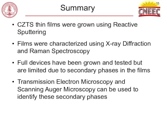Summary CZTS thin films were grown using Reactive Sputtering Films were