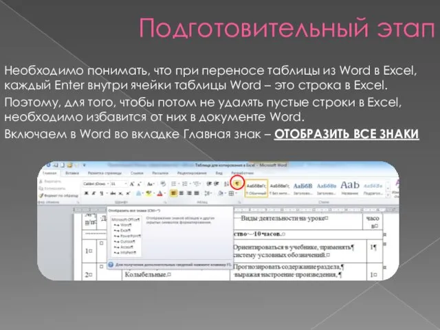 Подготовительный этап Необходимо понимать, что при переносе таблицы из Word в