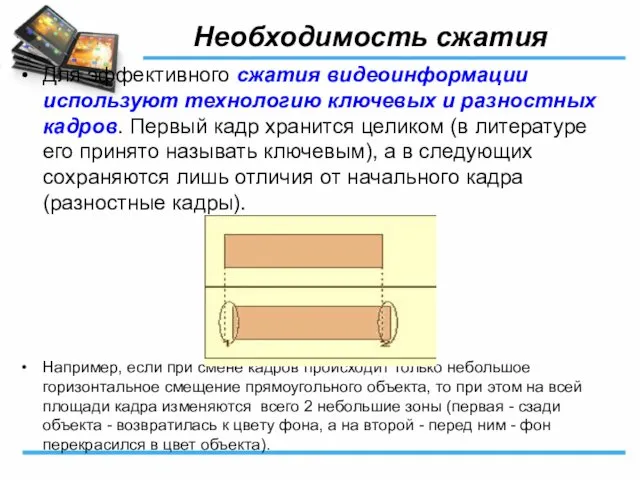 Необходимость сжатия Для эффективного сжатия видеоинформации используют технологию ключевых и разностных