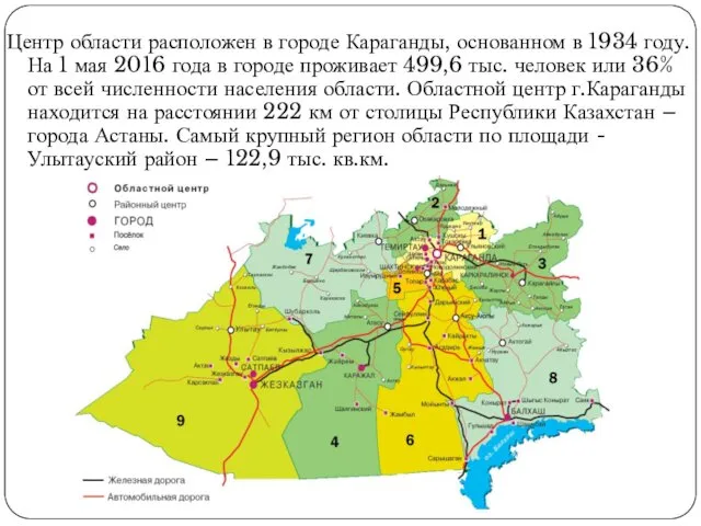 Центр области расположен в городе Караганды, основанном в 1934 году. На