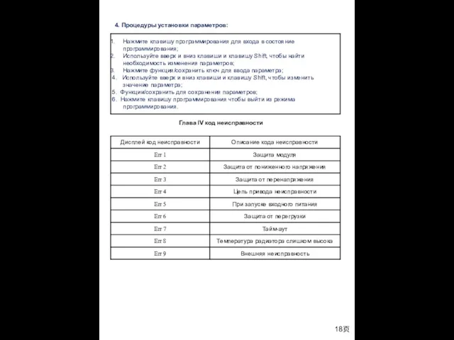 18页 Глава IV код неисправности 4. Процедуры установки параметров: